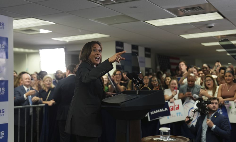 Vice President Kamala Harris speaks at her campaign headquarters in Wilmington, Del., Monday, July 22, 2024. (Erin Schaff/The New York Times via AP, Pool)