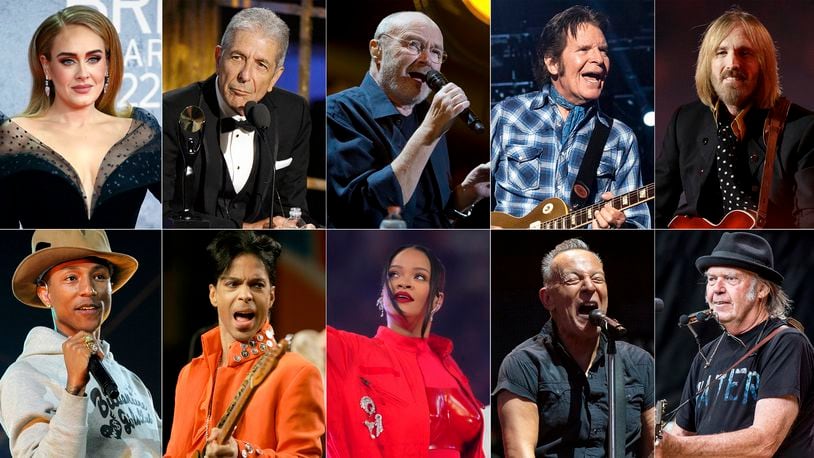 This combination of photos show, top row from left, Adele, Leonard Cohen, Phil Collins, John Fogerty and Tom Petty, bottom row from left, Pharrell, Prince, Rihanna, Bruce Springsteen and Neil Young. (AP Photo)