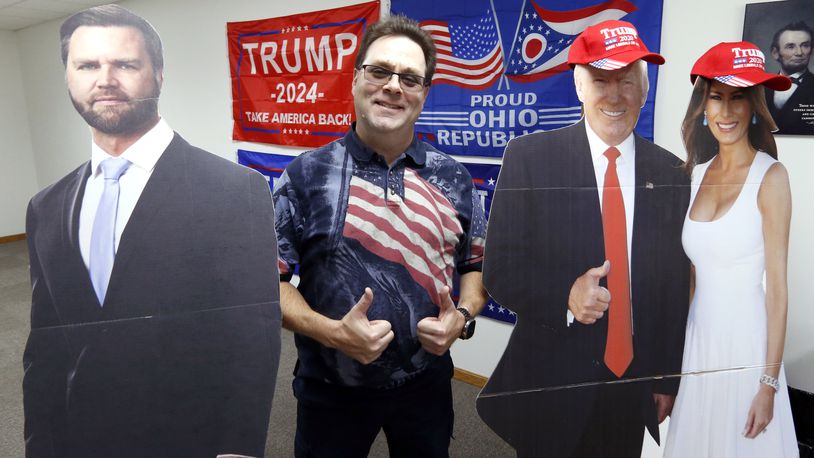 Doug Deepen, the chair of the Wayne County Republican Party in Ohio poses at the Wayne County Republican Party headquarters in Wooster, Ohio, Oct. 8, 2024. (AP Photo/Tom E. Puskar)