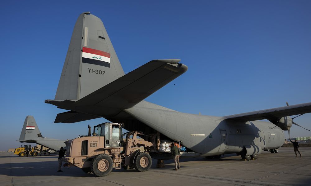 FILE - Iraqi security forces prepare for loading humanitarian aid from Red Crescent for Palestinians in Gaza, before its departure from a military airbase near Baghdad International Airport in Baghdad, Iraq, Jan. 24, 2024. (AP Photo/Hadi Mizban, File)