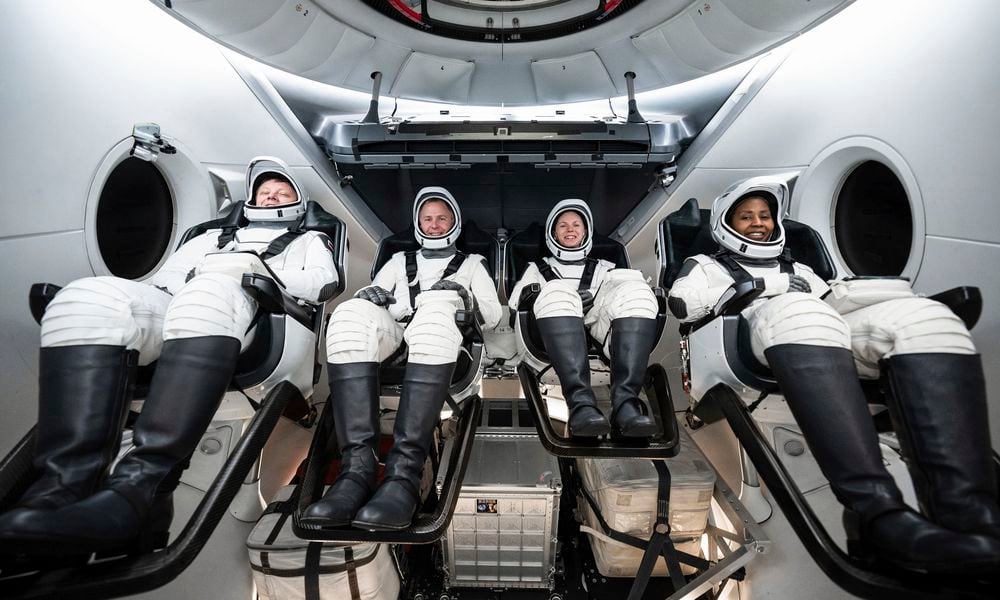 This photo provided by SpaceX shows, from left, Russian Aleksandr Gorbunov, and NASA's Nick Hague, Zena Cardman and Stephanie Wilson at SpaceX headquarters in Hawthorne, Calif., on May 6, 2024. (SpaceX via AP)