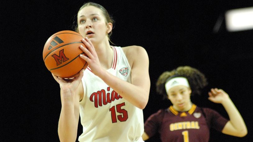 Miami's Amber Tretter (15) eyes the hoop during a free throw attempt against Central Michigan on Wednesday night at Millett Hall. Chris Vogt/CONTRIBUTED