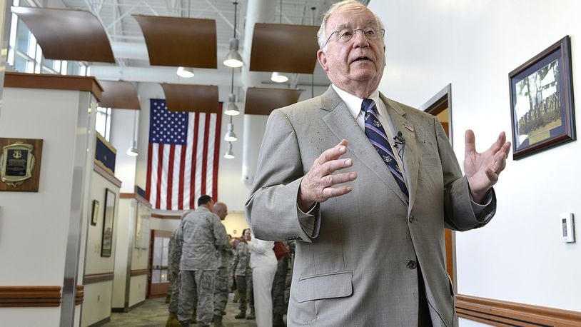 IN this file photo from 2020 former U.S. Rep. Dave Hobson talks about the Hobson Cyberspace Communications Complex at the Springfield Air National Guard Base. Bill Lackey/Staff