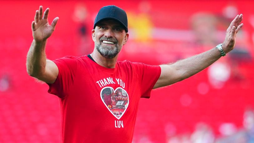 FILE - Then-Liverpool manager Jurgen Klopp reacts to fans after the English Premier League soccer match between Liverpool and Wolverhampton Wanderers at Anfield Stadium in Liverpool, England, Sunday, May 19, 2024. Jim Curtin thinks the search for Gregg Berhalter’s successor as U.S. coach doesn’t need to be complicated. “If Jürgen Klopp is available to do it and wants to do it, you don’t need an interview process for that. That’s the guy,” the Philadelphia Union coach said Thursday, July 11, 2024. (AP Photo/Jon Super, File)