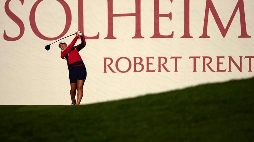 United States' Lauren Coughlin hits from the first tee during a practice round prior to the Solheim Cup golf tournament at the Robert Trent Jones Golf Club, Wednesday, Sept. 11, 2024, in Gainesville, VA. (AP Photo/Matt York)