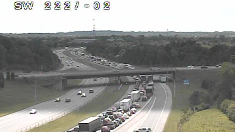 Interstate 675 South is closed in Washington Twp. following a rollover crash that ejected the driver on Thursday, July 18, 2024. Photo courtesy the Ohio Department of Transportation.