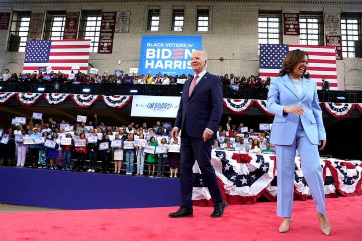 President Joe Biden and Vice President Kamala Harris attend a campaign event at Girard College for the launch of Black Voters for Biden-Harris in Philadelphia., May 29, 2024. (Yuri Gripas/The New York Times)