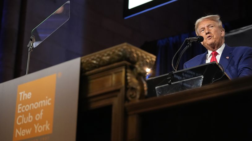 Republican presidential nominee former President Donald Trump speaks during a campaign event at the Economic Club of New York, Thursday, Sept. 5, 2024, in New York.(AP Photo/Alex Brandon)