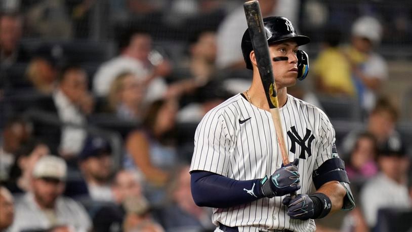 New York Yankees' Aaron Judge waits on deck during the fifth inning of a baseball game against the Boston Red Sox at Yankee Stadium Thursday, Sept. 12, 2024, in New York. (AP Photo/Seth Wenig)