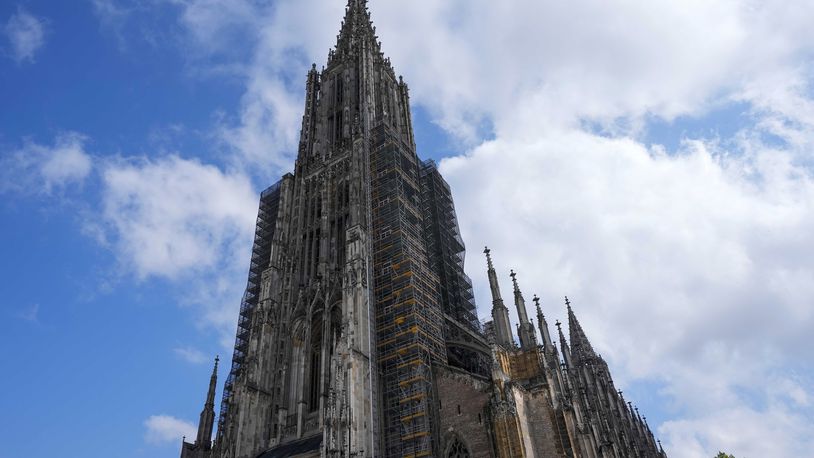 Exterior view of Ulmer Münster, the world's tallest church, in Ulm, Germany, Wednesday, Sept. 18, 2024. (AP Photo/Matthias Schrader)