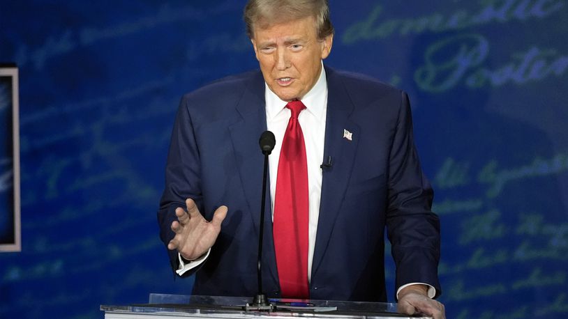 Republican presidential nominee former President Donald Trump speaks during a presidential debate with Democratic presidential nominee Vice President Kamala Harris at the National Constitution Center, Tuesday, Sept.10, 2024, in Philadelphia. (AP Photo/Alex Brandon)