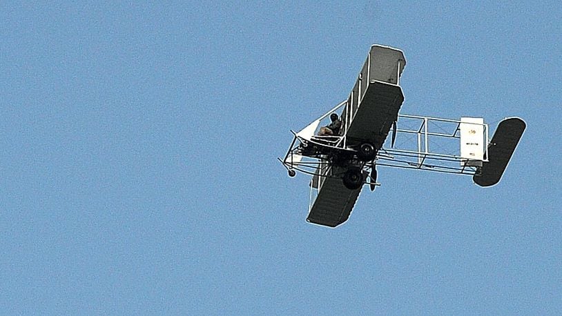 A replica of the Wright B Flyer flew over Hawthorn Hill in Oakwood Sept. 18, 2023. MARSHALL GORBY\STAFF