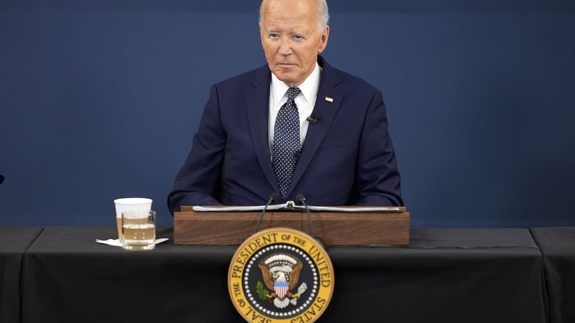 President Joe Biden listens during a visit to the D.C. Emergency Operations Center, Tuesday, July 2, 2024, in Washington. (AP Photo/Evan Vucci)
