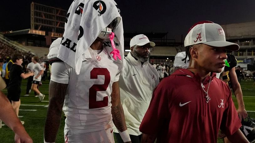 Alabama wide receiver Ryan Williams (2) leaves the field after the team's loss against Vanderbilt after an NCAA college football game Saturday, Oct. 5, 2024, in Nashville, Tenn. (AP Photo/George Walker IV)