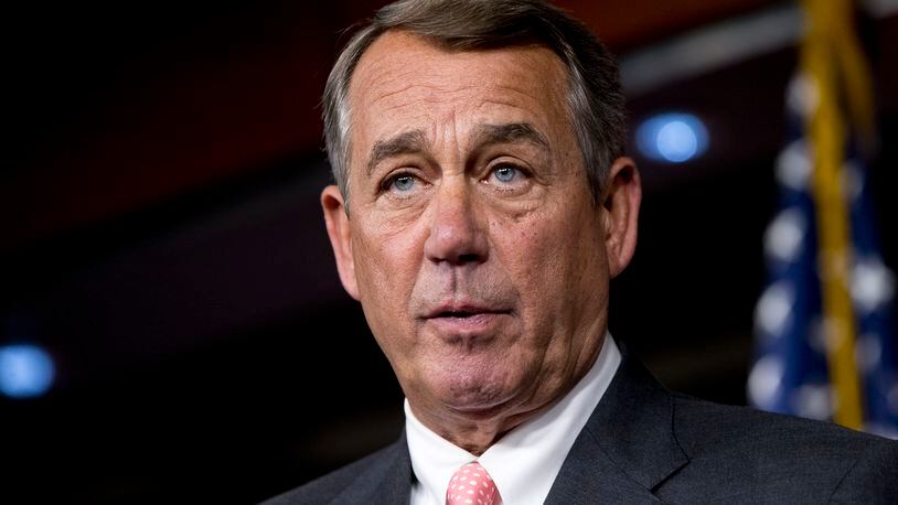 FILE - House Speaker John Boehner of Ohio speaks during a news conference on Capitol Hill in Washington, Friday, Sept. 25, 2015. Boehner informed fellow Republicans on Friday, Sept. 25, that he would resign from Congress at the end of October. (AP Photo/Jacquelyn Martin, File)