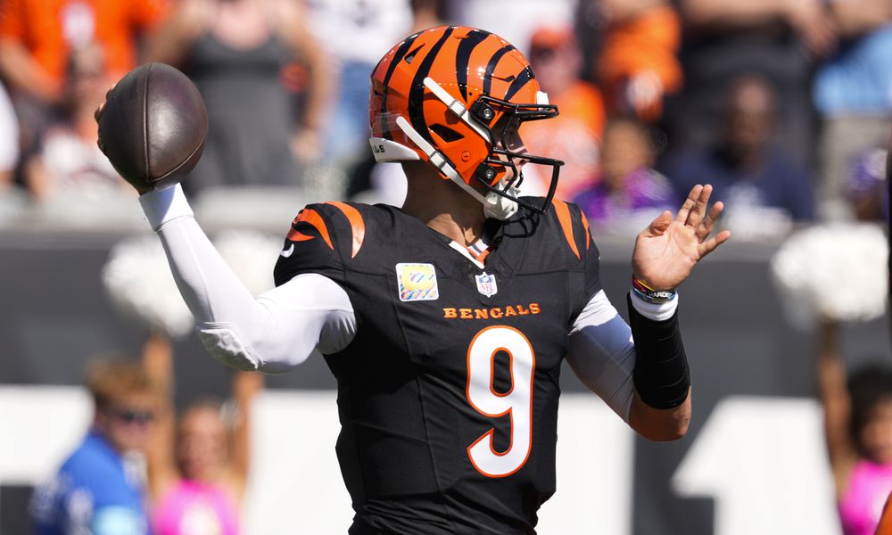 Cincinnati Bengals quarterback Joe Burrow throws a pass against the Baltimore Ravens during the first half of an NFL football game, Sunday, Oct. 6, 2024, in Cincinnati. (AP Photo/Jeff Dean)