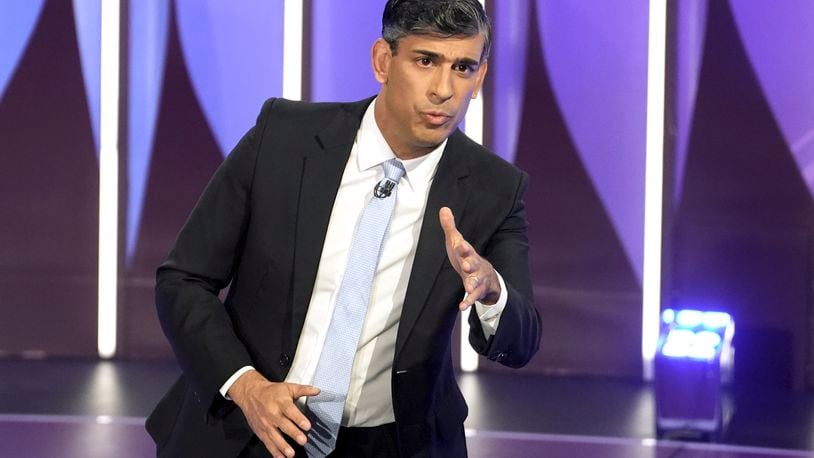 British Prime Minister Rishi Sunak speaks during a BBC Question Time Leaders' Special in York, England, Thursday June 20, 2024. (Stefan Rousseau/PA via AP, Pool)
