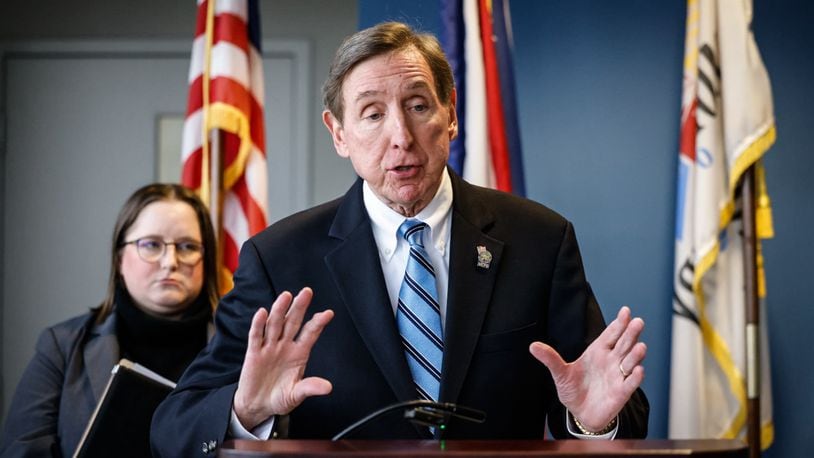 Monterey County Prosecutor Mat Heck Jr. on Friday, Dec. 29, 2023, announces the indictment of a woman accused of attacking a Dayton Public Schools bus driver in front of children. On the left is Montgomery County assistant prosecuting attorney Whitney Crim. Jim Noelker/Staff