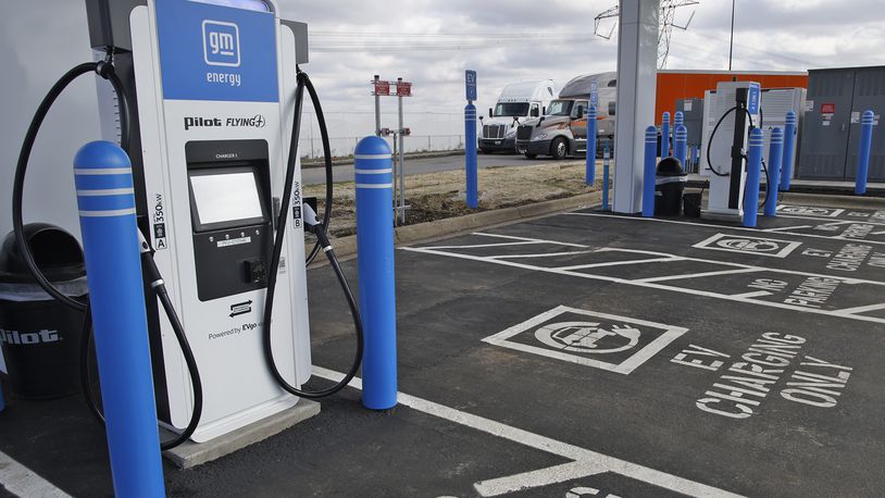 Located at the London Pilot Travel Center along Interstate 70 at U.S. 42, as part of a collaboration with General Motors, the nation’s first NEVI charging station is equipped with fast chargers installed by EVgo and owned by Pilot Travel Centers LLC. Each charging stall is capable of providing up to 350 kW when charging a single vehicle and when multiple vehicles are charging at the same time, each port will receive up to 175 kW. This amount of power is enough to charge most EVs up to 80% in 20-40 minutes, depending on the vehicle’s battery. BILL LACKEY/STAFF