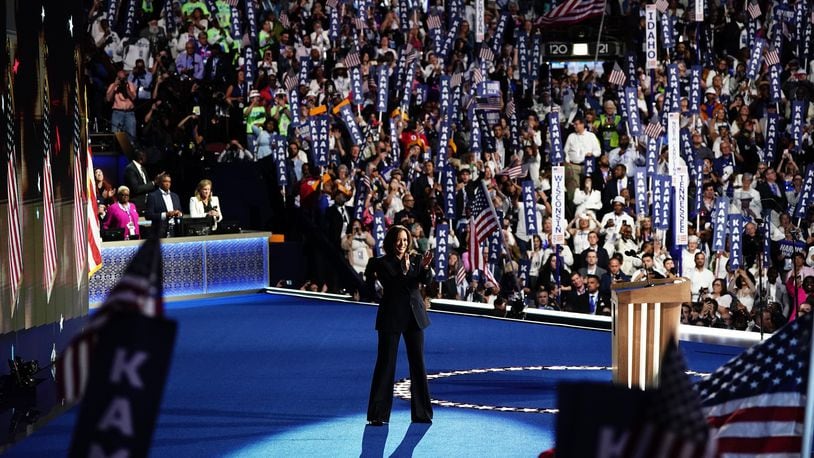 
                        Vice President Kamala Harris delivers remarks at the United Center on the fourth day of the Democratic National Convention in Chicago, on Thursday, Aug. 22, 2024. The four-day total includes one of the best fund-raising hours of Vice President Kamala Harris’s presidential bid, according to the campaign, which has now raised $540 million in the last month. (Haiyun Jiang/The New York Times)..
                      