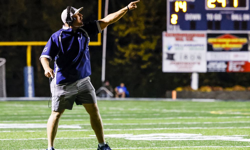 Valley View football coach Matt King yells to his team during their win win over Brookville Friday, Oct. 13, 2023 at Valley View's Niswonger Field in Germantown. The Spartans travel to Bellbrook on Friday night. NICK GRAHAM/STAFF