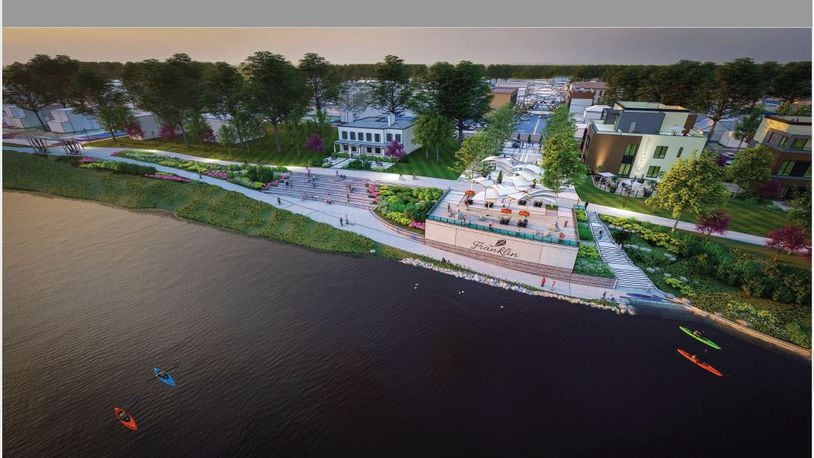 An artist's conception of the proposed Franklin riverfront project that will be a promenade lookout and kayak landing that will link the Fourth Street pedestrian are with the Great Miami River. CONTRIBUTED/CITY OF FRANKLIN