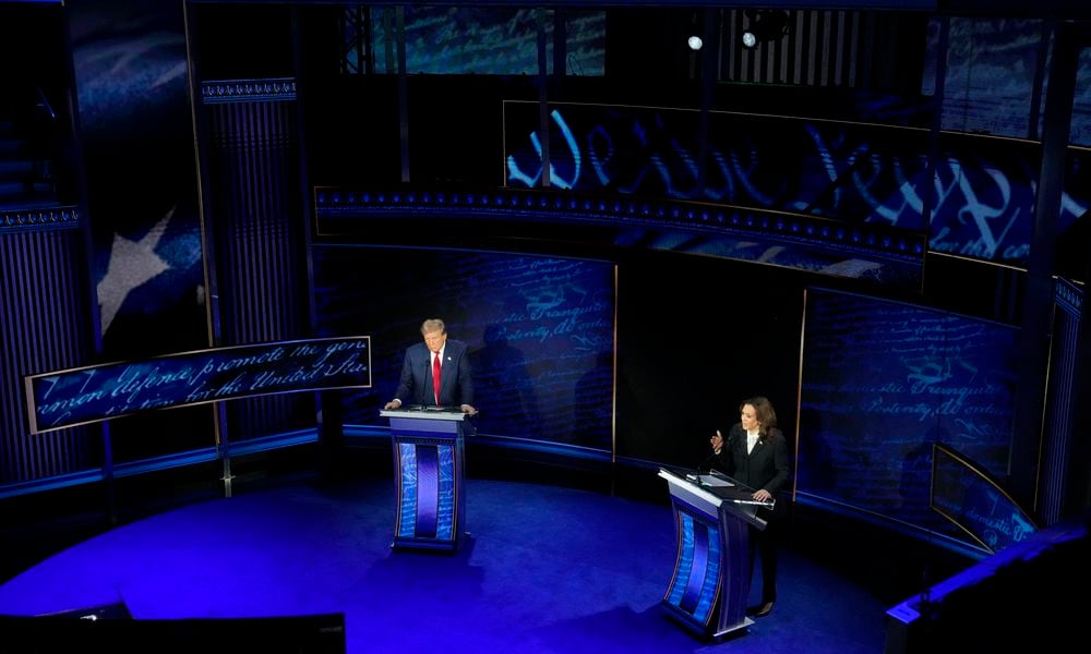 Republican presidential nominee former President Donald Trump and Democratic presidential nominee Vice President Kamala Harris participate during an ABC News presidential debate at the National Constitution Center, Tuesday, Sept.10, 2024, in Philadelphia. (AP Photo/Alex Brandon)