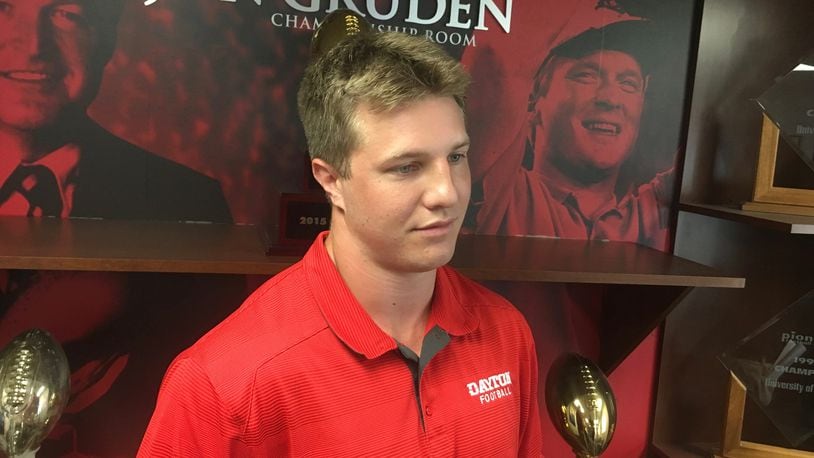 Dayton's Adam Trautman talks to reporters on Wednesday, Aug. 7, 2019, at the Frericks Center. David Jablonski/Staff