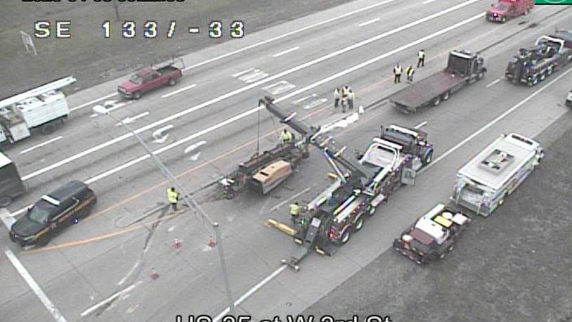I-75 South was initially closed near U.S. 35 at West Third Street where a two-vehicle crashed occurred Monday morning on April 3, 2023. Photo Credit: OH-GO