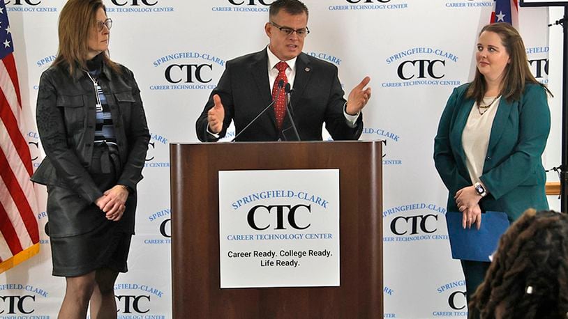 Ohio Department of Public Safety Director Andy Wilson speaks along with Springfield-Clark CTC Superintendent Michelle Patrick, left, and Emily Davidson, Executive Director of the Ohio Traffic Safety Office, during a press conference at the CTC announcing the Creating Opportunities for Driver Education Grants Tuesday, Jan. 23, 2024. BILL LACKEY/STAFF