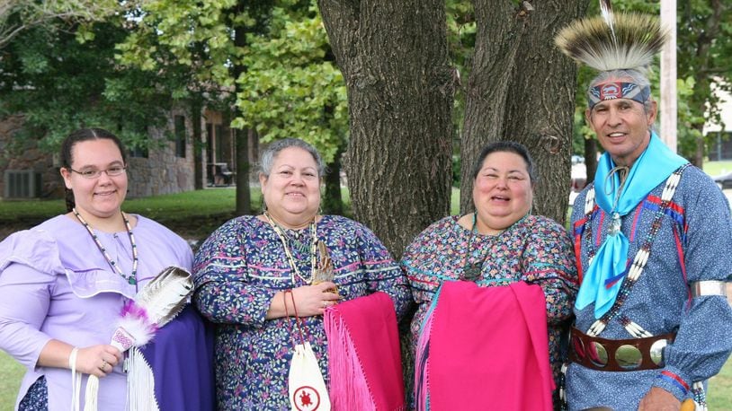 Lola Purvis (second from left) is featured in Episode 2 of the WYSO podcast "The Ohio Country." She talks about how coming to Ohio on a bus tour with fellow Eastern Shawnee citizens was a powerful experience for her. Left to right: Heather Devine Hardy (Lola's daughter), Lola Purvis, Margaret Devine (Lola’s sister), and the late Larry Dushane. Photo credit: Eastern Shawnee Tribe of Oklahoma