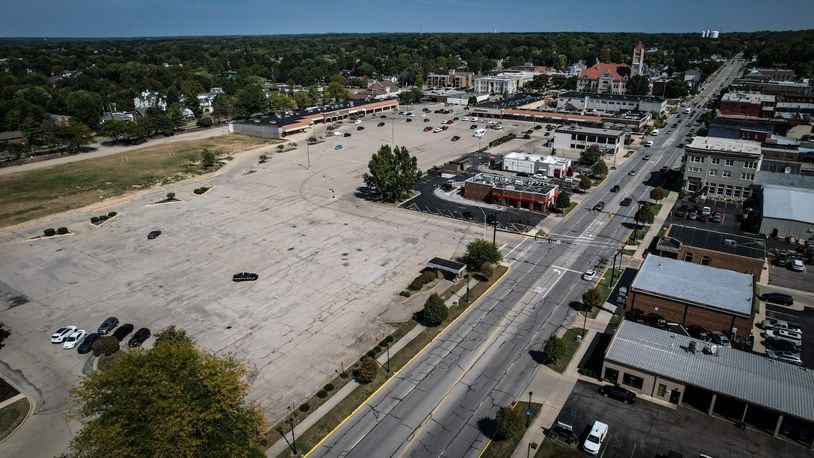 This is an aerial of Xenia Town Square (Xenia Market District) on Thursday September 21, 2023. The photograph is looking east with the city in the background. JIM NOELKER/STAFF