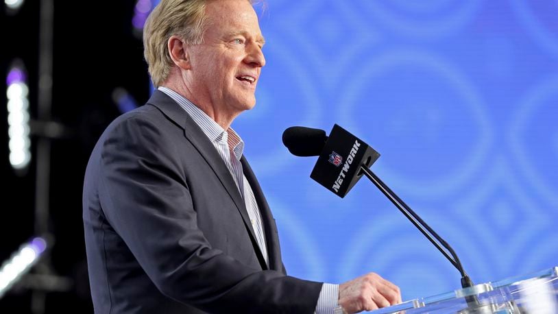 FILE - NFL Commissioner Roger Goodell announces a pick during the first round of the 2022 NFL Draft, April 28, 2022, in Las Vegas. (AP Photo/Gregory Payan, File)