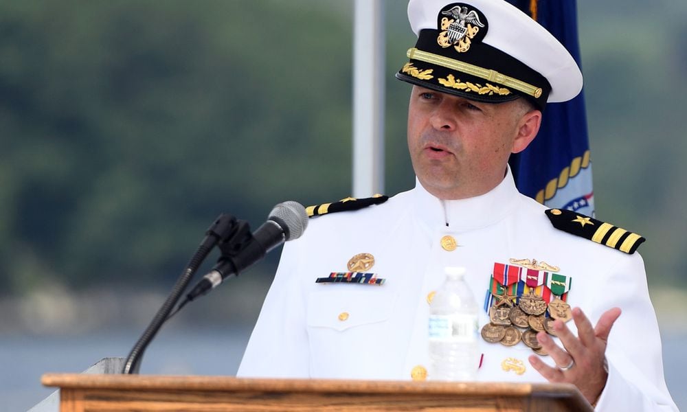 Commander Matthew Beach, a Springfield native, delivers remarks during a change-of-command ceremony for USS Hyman G. Rickover in Groton, Conn. Aug. 2. (U.S. Navy photo by Chief Petty Officer Joshua Karsten)