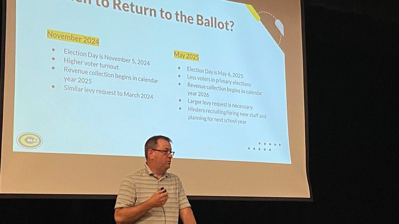 Centerville City Schools Superintendent Jon Wesney discusses possible levy options during a community forum in the auditorium of Cline Elementary School Wednesday, July 10, 2024. ERIC SCHWARTZBERG/STAFF