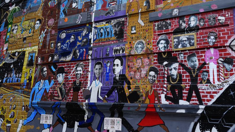 Part of a mural in the Harlem neighborhood of New York, Thursday, Aug. 15, 2024. (AP Photo/Pamela Smith)