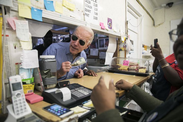 Joe Biden, then a candidate for the Democratic presidential nomination, places a food order at Scott's BBQ while campaigning in Hemingway, S.C., Feb. 27, 2020. (Maddie McGarvey/The New York Times)