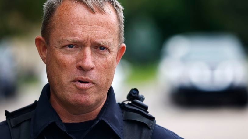 Sgt. Gordon Cairns, Dayton Police Department Traffic Services Unit supervisor, held a press conference Thursday, Aug 15, 2024 to discussed back-to-school and traffic safety. MARSHALL GORBY\STAFF