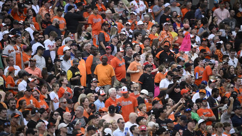 Fans watch during a baseball game between the Baltimore Orioles and the Detroit Tigers, Saturday, Sept. 21, 2024, in Baltimore. (AP Photo/Nick Wass)