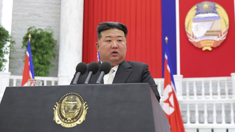 In this photo provided by the North Korean government, North Korean leader Kim Jong Un delivers a speech, marking the country's 76th founding anniversary in Pyongyang, North Korea Monday, Sept. 9, 2024. Independent journalists were not given access to cover the event depicted in this image distributed by the North Korean government. The content of this image is as provided and cannot be independently verified. (Korean Central News Agency/Korea News Service via AP)