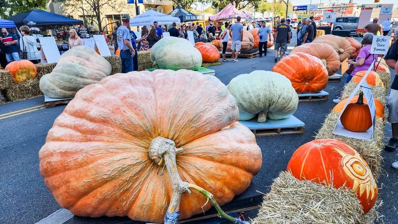 Visitors check out vendor booths, food and beer trucks, and pumpkins of all shapes and sizes on High Street during Operation Pumpkin Friday, Oct. 13, 2023 in downtown Hamilton. NICK GRAHAM/STAFF