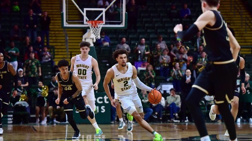 Wright State's Tanner Holden (2) pushes the ball up court during Thursday's Horizon League quarterfinal vs. Oakland at the Nutter Center. Joe Craven/Wright State Athletics