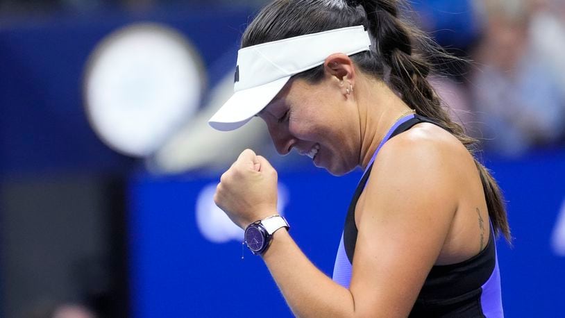 Jessica Pegula, of the United States, reacts after defeating Iga Świątek, of Poland, during the quarterfinals of the U.S. Open tennis championships, Wednesday, Sept. 4, 2024, in New York. (AP Photo/Eduardo Munoz Alvarez)