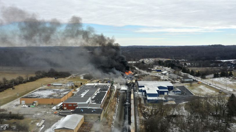 FILE - This photo taken with a drone shows portions of a Norfolk Southern freight train that derailed in East Palestine, Ohio, Feb. 4, 2023. (AP Photo/Gene J. Puskar, File)