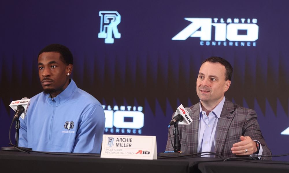 Rhode Island's Archie Miller, right, and David Green speak at Atlantic 10 Conference Media Day on Monday, Oct. 7, 2024, at District E next to Capital One Arena in Washington, D.C. David Jablonski/Staff