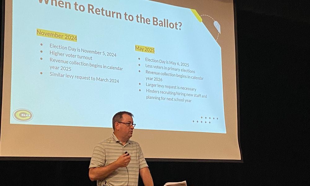 Centerville City Schools Superintendent Jon Wesney discusses possible levy options during a community forum in the auditorium of Cline Elementary School Wednesday, July 10, 2024. ERIC SCHWARTZBERG/STAFF