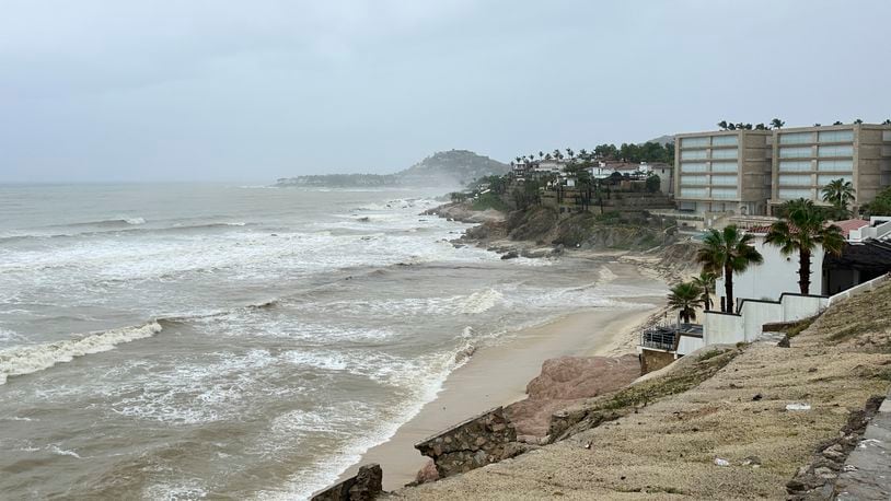 Hotels stand along the shore before the arrival of Tropical Storm Ileana in San Jose de los Cabos, Mexico, Friday, Sept. 13, 2024. (AP Photo/Armando Figaredo)