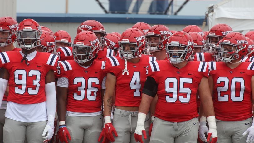 Dayton waits to take the field before a game against St. Francis on Saturday, Aug. 31, 2024, at Welcome Stadium in Dayton. David Jablonski/Staff