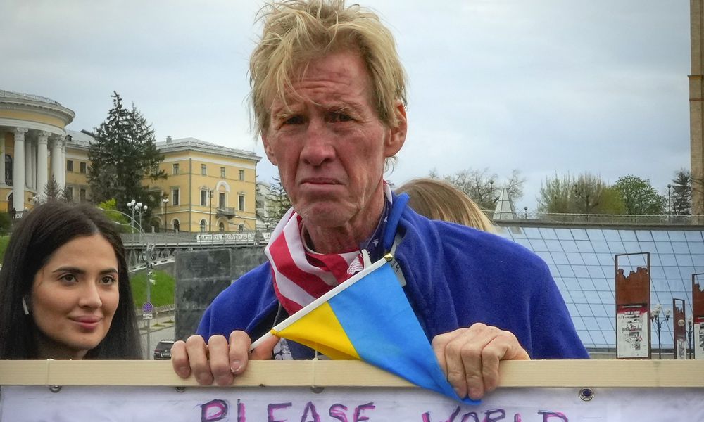 Ryan Wesley Routh takes part in a rally in central Kyiv, Ukraine, Saturday, April 30, 2022. (AP Photo/Efrem Lukatsky)