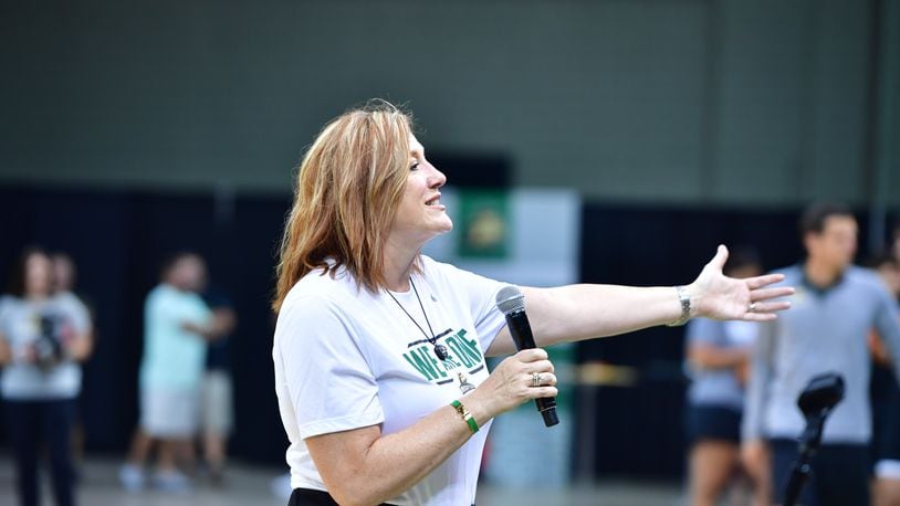 Wright State's Joylynn Brown speaks to the crowd during an open baskeball practice last month at the Nutter Center. Wright State on Tuesday announced Brown as its new athletic director. Joe Craven/Wright State Athletics